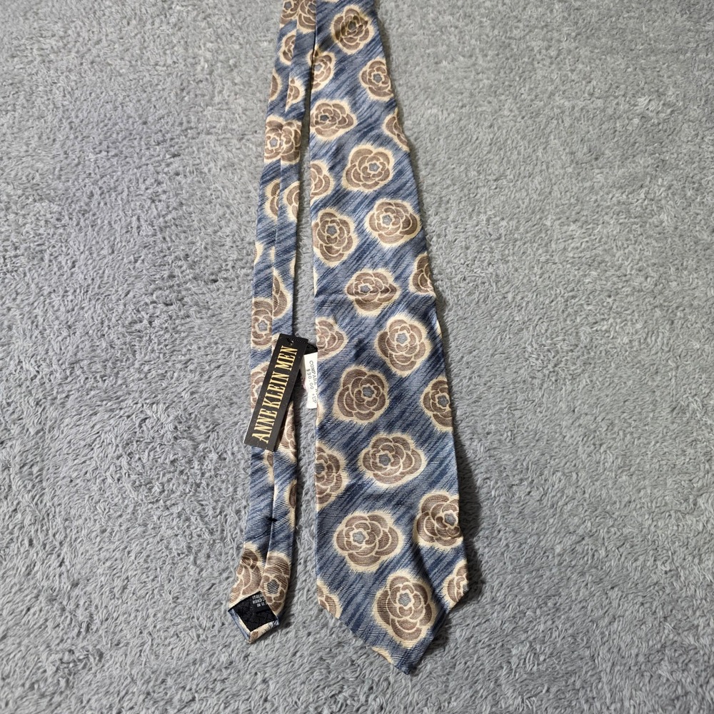 Anne Klein Men OS Necktie Blue‎ Tan Floral Rose Silk Hand Crafted USA 3035